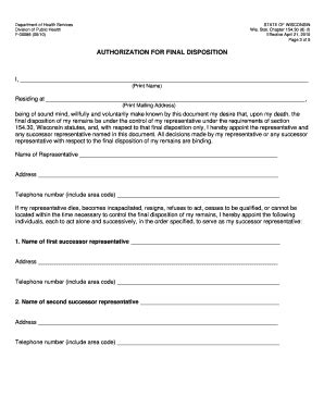 Fillable Online dhs wisconsin AUTHORIZATION FOR FINAL DISPOSITION ...