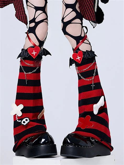 Black & Red Stripe Pattern Wing and Skeleton Decorated Leg Warmers in ...