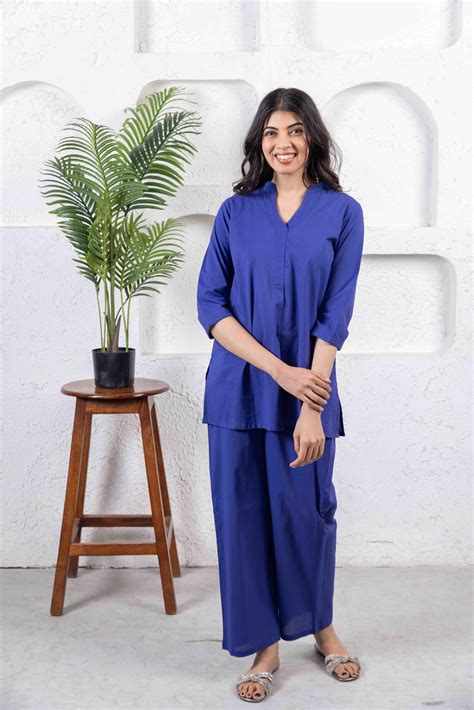 Royal Blue Casual Cotton Co-ord Set with Lace Detail – InaayaJaipur