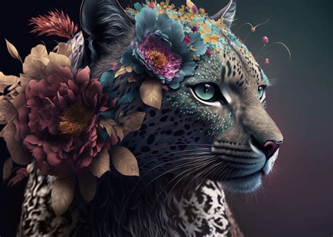 Canvastavla - White Leopard with flowers - | Canvasbutik.se