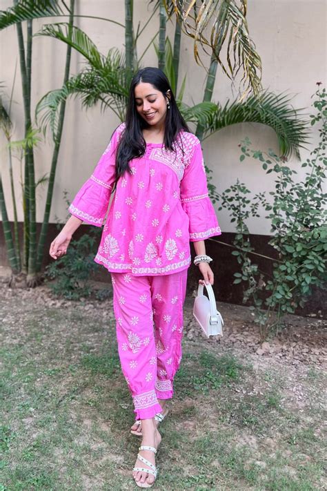 Iqra Cotton Chikankari Co-ord Set- Pink (Set of 2)– ShopHindya