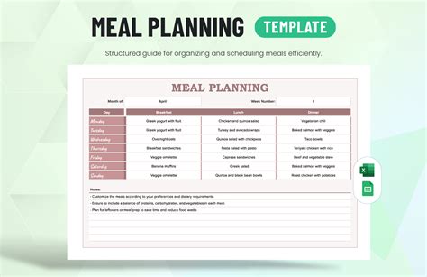 Free Editable Meal Plan Templates in Excel to Download
