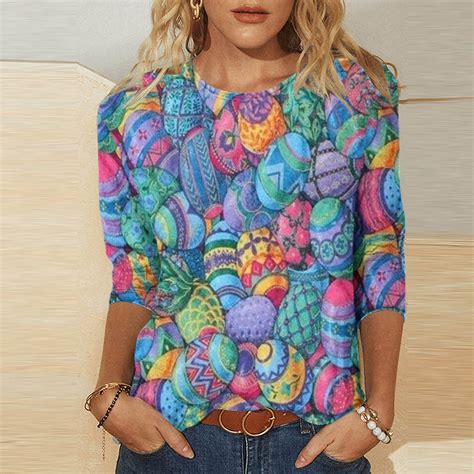 HOMBOM Cute Tops For Women Y2k Blue 3/4 Sleeve Casual Tops Crew Neck ...