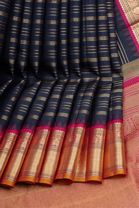 Navy blue stripes pure kanchipuram silk saree – Clio Silks