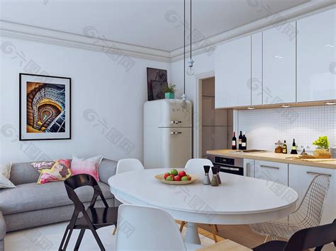 30平米一居室简约小户型客厅餐厅厨房一体装修效果图装饰装修素材免费下载(图片编号:8945694)-六图网