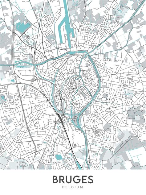 Modern City Map of Bruges, Belgium: Belfry, Basilica, Markt, Minnewate – The Unique Maps Co.