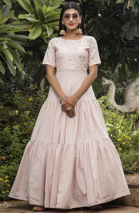 Dusty pink cotton embroidered party wear anarkali gown