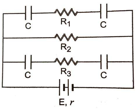 In Fig, `E =5` volt , `r = 1 Omega, R_(2) = 4 Omega, R_(1) = R_(3) = 1 ...