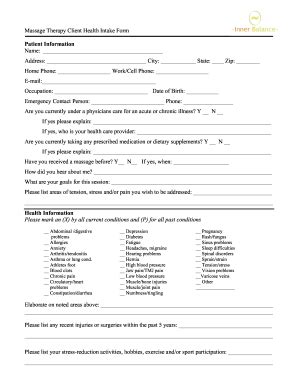 Massage Therapy Client Health Intake Form - Spinal Health ... - Fill ...