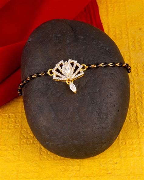 American Diamond CZ Golden Round Brass Black Beaded Mangalsutra Bracel ...