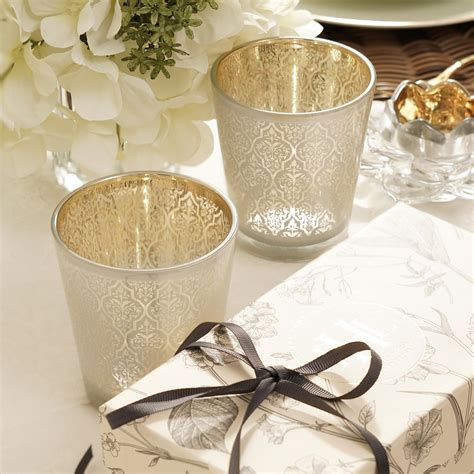 Set of 2 Pearl and Gold Patterned Glass Votives - Large