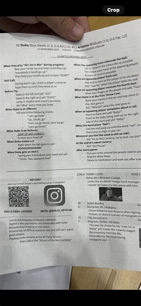 Cameron Crazies chant sheet | Sycamore Pride
