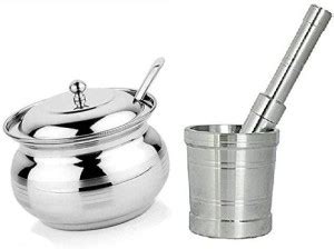 Nbird Stainless Steel Ghee Pot and Aluminium Okhli Khal Batta Set ...