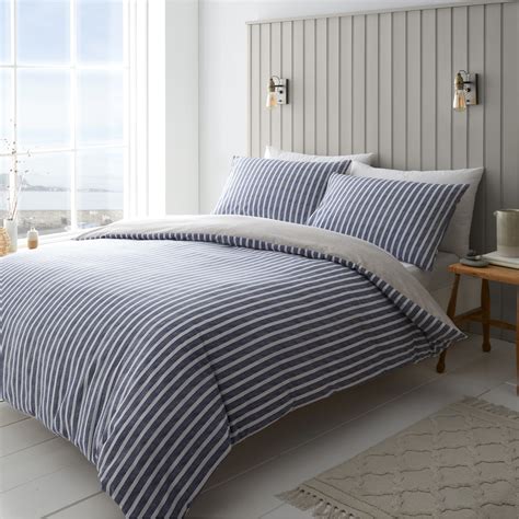 Blue Catherine Lansfield Textured Banded Stripe Duvet Cover Bedding Set ...