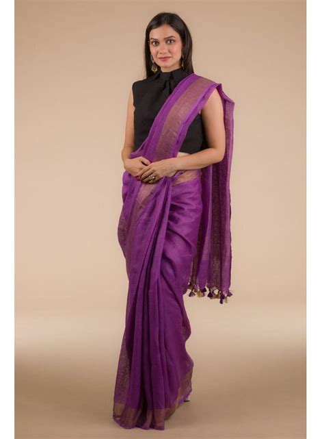 Purple Gold Pure Handloom Linen Saree – Paarijaatham.com