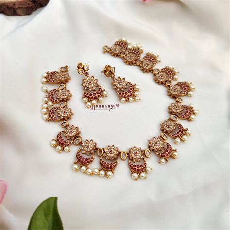 Crescent moon shaped short Necklace with Pearl Hangings – AJ Punnagai