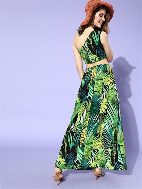 Berrylush Women Green Tropical Printed One Shoulder Co-Ordinate Dress
