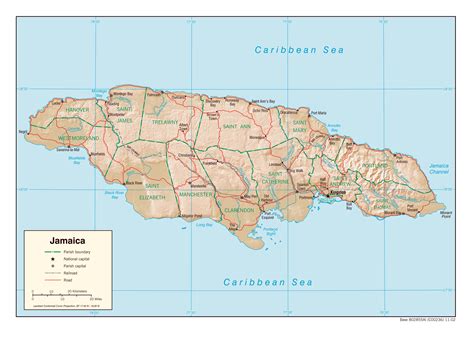 Large political and administrative map of Jamaica with relief, roads, railroads and major cities ...