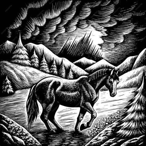 A black and white drawing of a horse with a mountain background ...