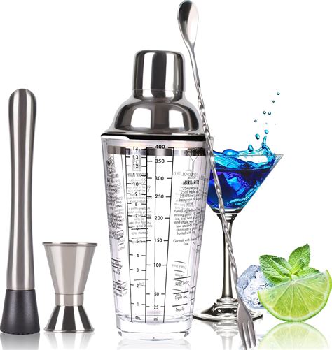 Cocktail Shaker, Mixer, Glass Shaker 14 oz with Measuring Cup and ...