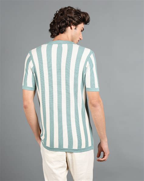 IDENTITI Mint Green Half Sleeve Striped Slim Fit Cotton Casual Polo T-