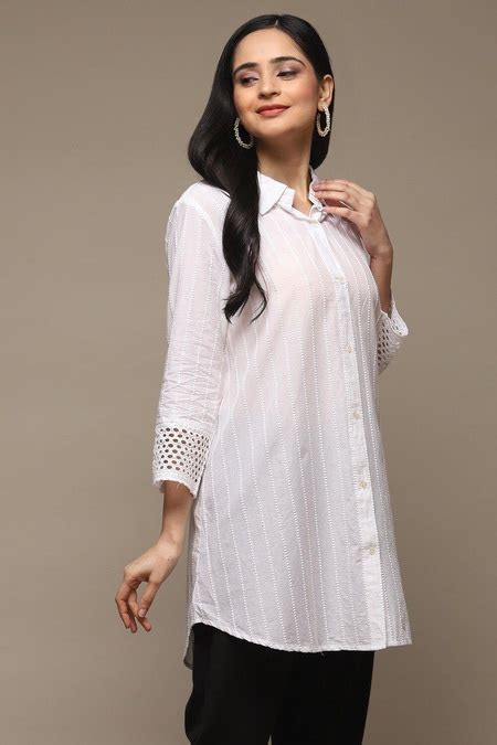 White Textured Casual Three-Quarter Sleeves Shirt Collar Women Straight ...