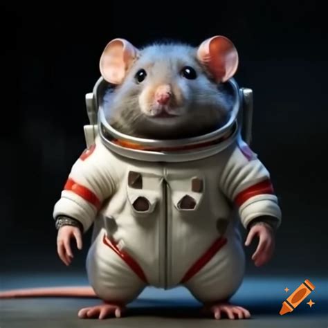 Intelligent rat in a white spacesuit with red accents and metallic ...