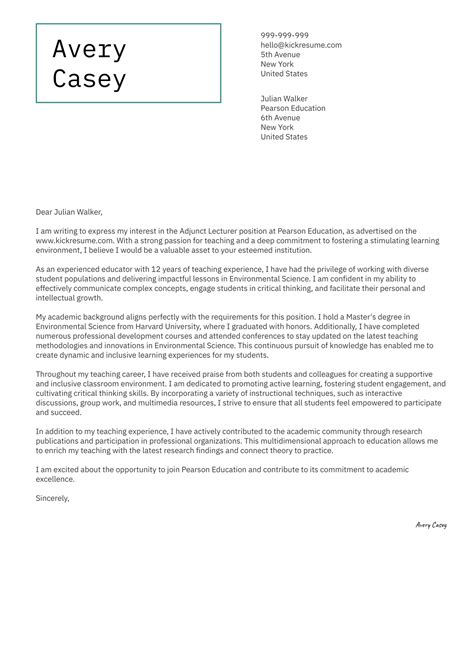Adjunct Lecturer Cover Letter Sample | Kickresume