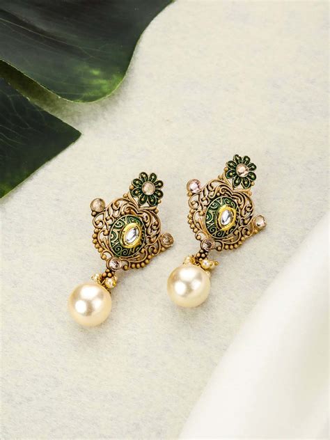 Green Kundan Pearls Gold Plated Floral Drop Earring – Priyaasi