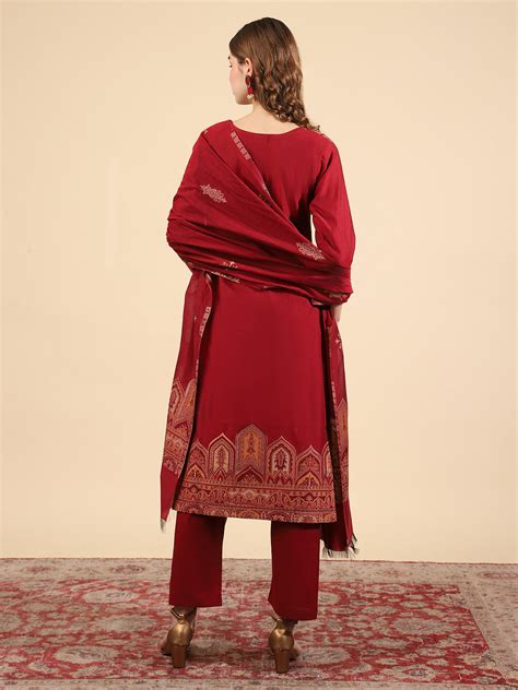 ''Kidar Mehroon Cotton Silk Mandarin Collar Kurta Set with Dupatta ...