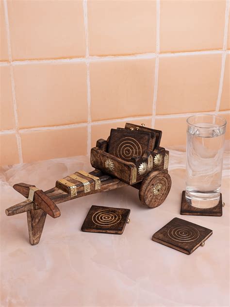 Wooden Bullock Cart Coaster Set - 6 Coasters, 1 Holder
