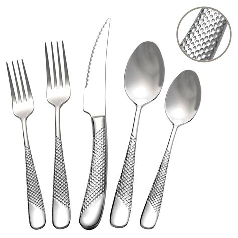 Runfly Hammered Silver Silverware Set, 20 Piece Service for 4, Durable ...