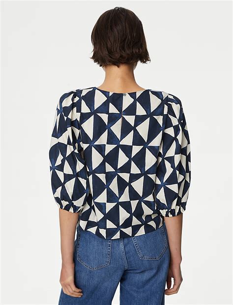 Buy Pure Cotton Round Neck Puff Sleeve Blouse at Marks & Spencer