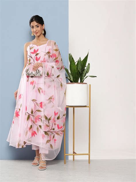 Divena Pink Hand Painted Floral Organza Anarkali Kurta Pant Set with D ...