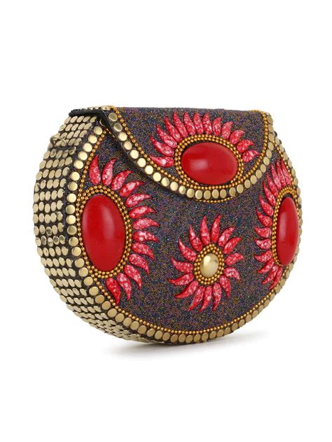 Anekaant Red, Gold & Multi Mosaic Metal Embellished Clutch