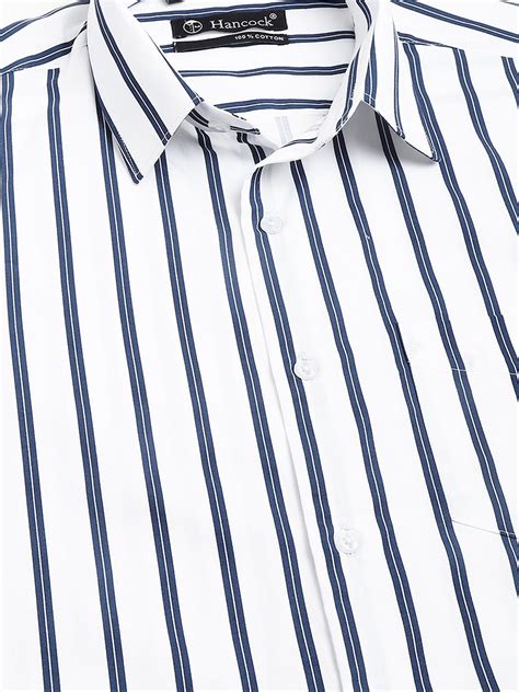 Men White & Navy Blue Striped Pure Cotton Slim Fit Casual Shirt