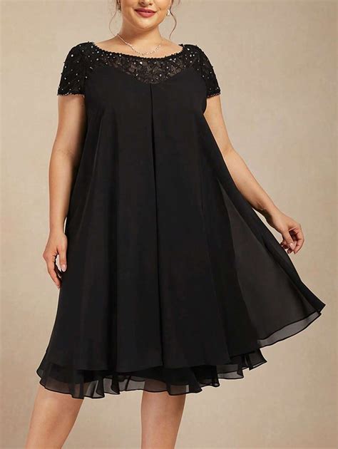 Plus Size Women's Round Neck Short Sleeve Sequin Lace Chiffon A-Line ...
