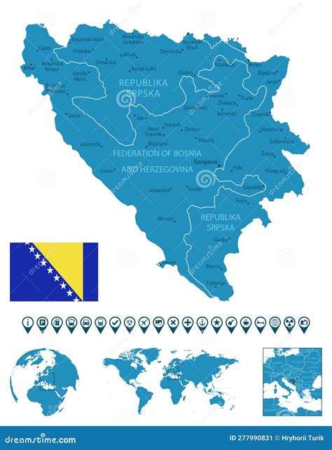 Bosnia And Herzegovina - Detailed Blue Country Map With Cities, Regions, Location On World Map ...
