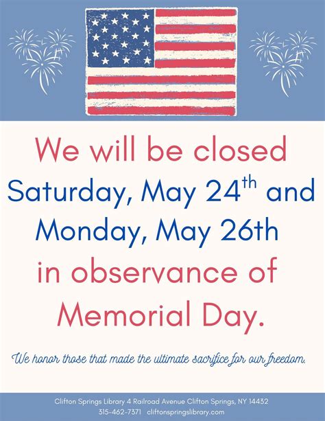 Library Closed-Happy Memorial Day!, 4 Railroad Ave, Clifton Springs, NY ...