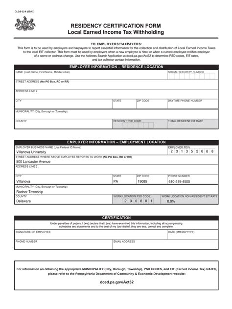 Pennsylvania Residency Certification Form - Blank Fillable Template ...