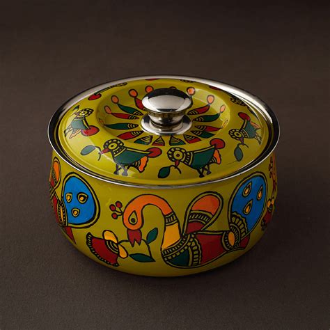Green Madhubani Handpainted Stainless Steel Casserole