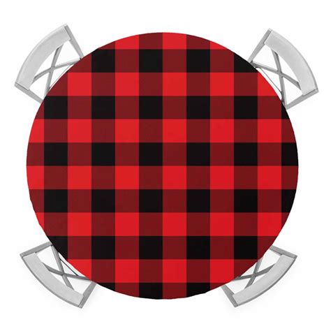 Check Plaid Elastic Fitted Round Table Cover Black and Red Grid Cubes ...