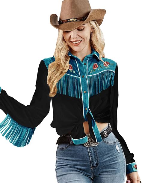 JOHN MOON Womens Fringe Western Long Sleeve Shirts Floral Embroidered ...