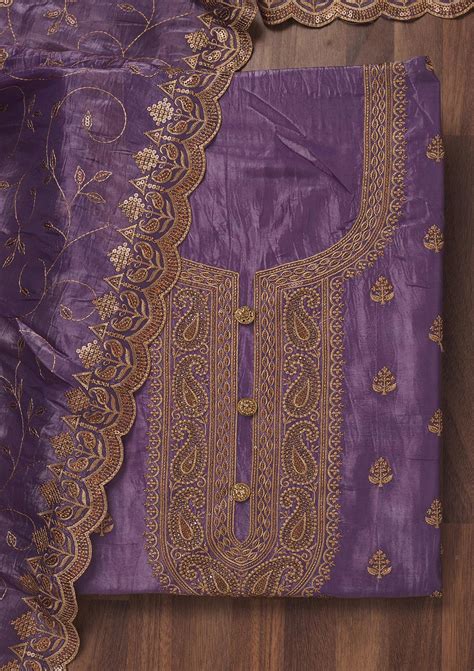 Buy Purple Threadwork Raw Silk Unstitched Salwar Suit - Koskii