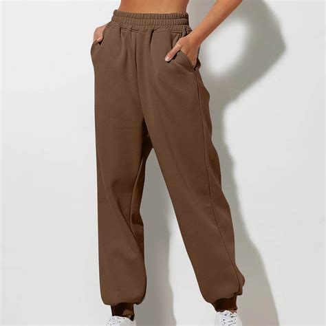 Elvqul Pants Women With Pockets Brown Sweatpants Women Loose Stretch ...