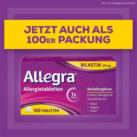 Allegra Allergy Tablets 20 STK - Fast Acting Bilastine Antihistamine for 24-Hour Relief from Hay ...