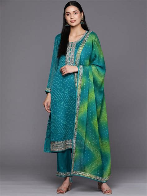 Buy Turquoise Blue Printed Chiffon Straight Kurta With Trousers ...