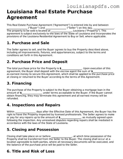 Free Louisiana Real Estate Purchase Agreement Template Printable Form