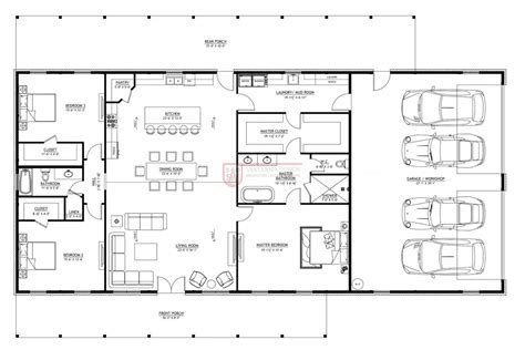 3 Bedroom Barndominium Floor Plan| 2 Bathroom | 4 Car Garage- Drawing ...