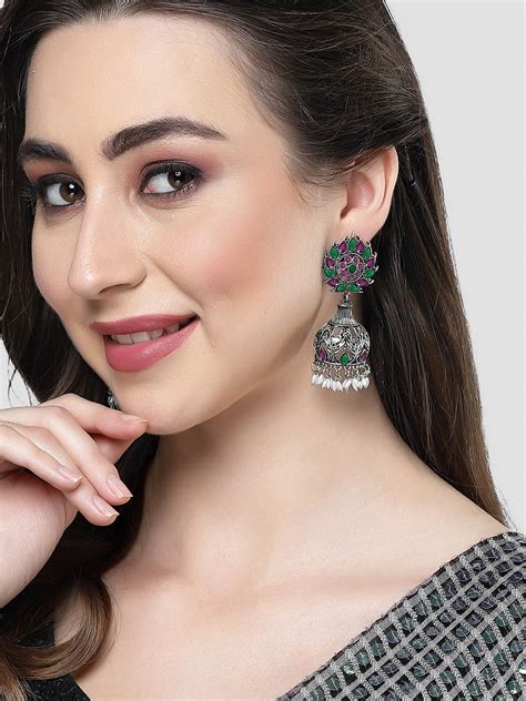 KARATCART Oxidised Silver Kundan Drop Red and Green Earrings for Women